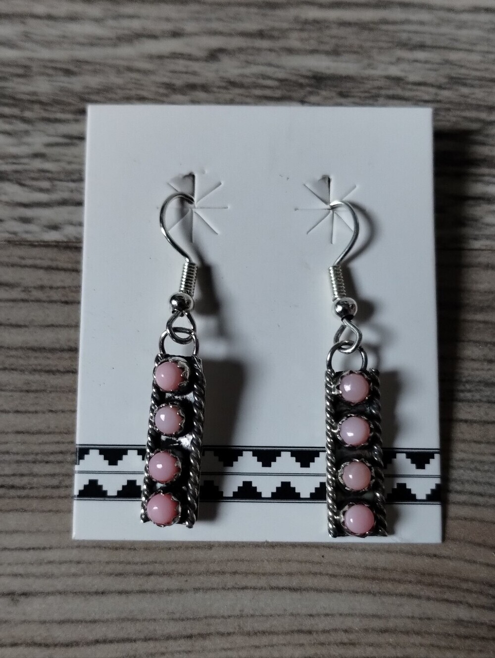 Janice Spencer Zuni Handmade 925 Sterling Silver Pink Conch Bar Earrings